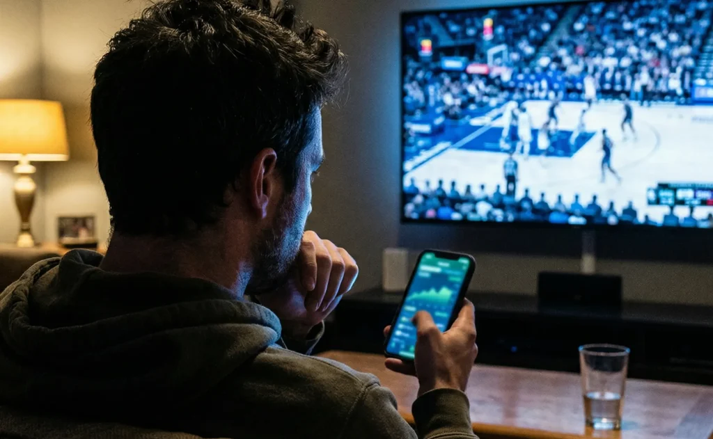 Basketball Livewetten — Spielszene in der Arena mit Anzeigetafel